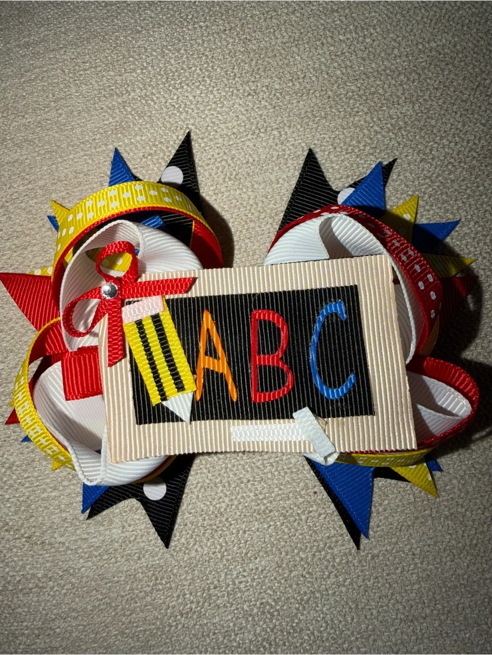 ABC School Ribbon Hair Bow - Red, Yellow, Blue, White, Black